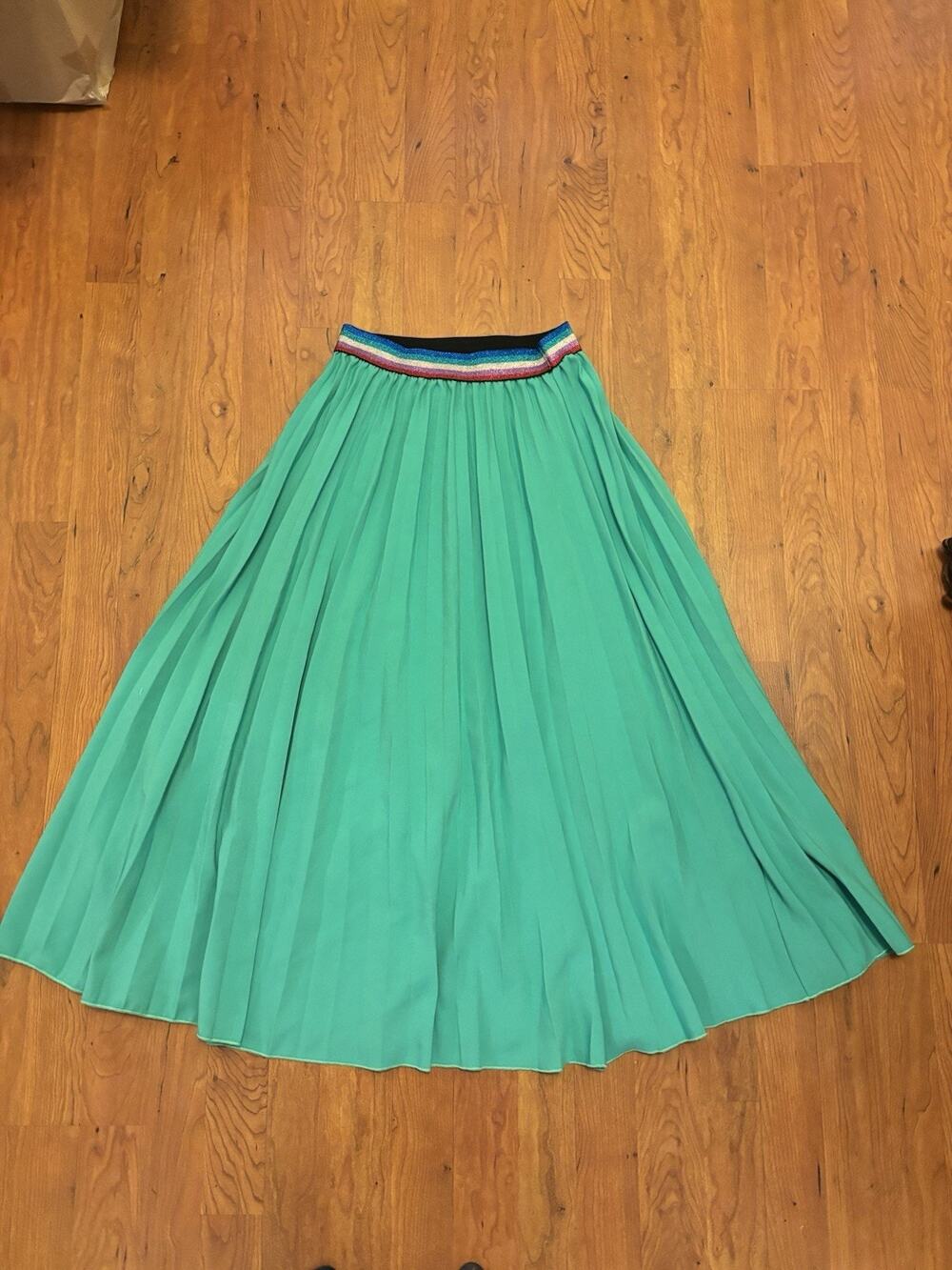 Runway Paris Pleated Unique Rainbow Band Green Long Skirt Size M/L